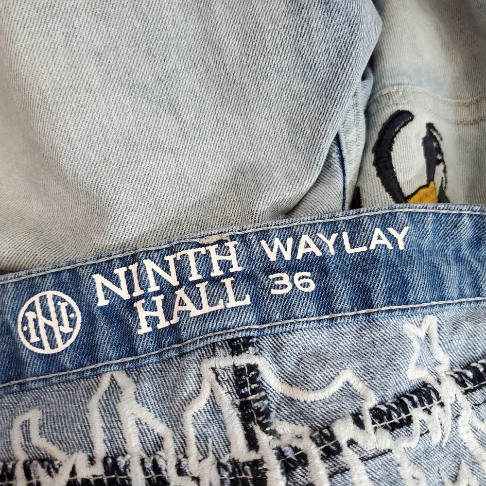 Ninth Hall Men Shorts 36 Light Blue Denim Y2K Grunge Embroidered Graphic Skull